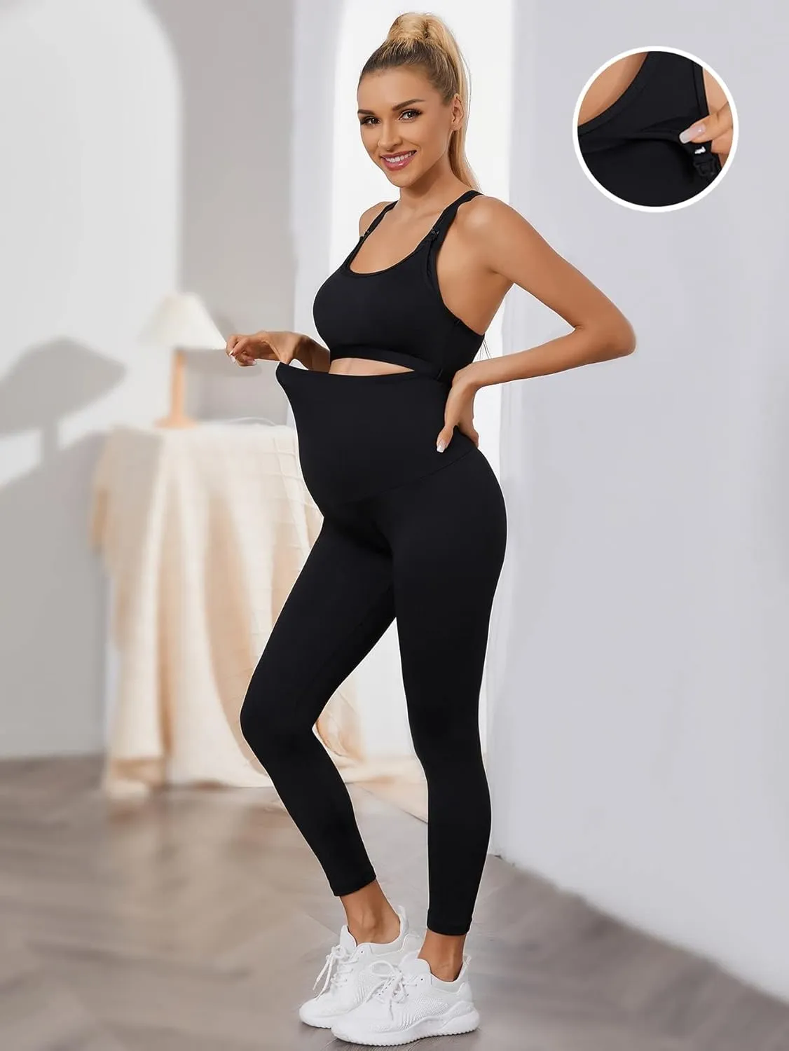 Floerns Women's Maternity 2 Piece Outfit Scoop Neck Crop Tank Top Legging Set