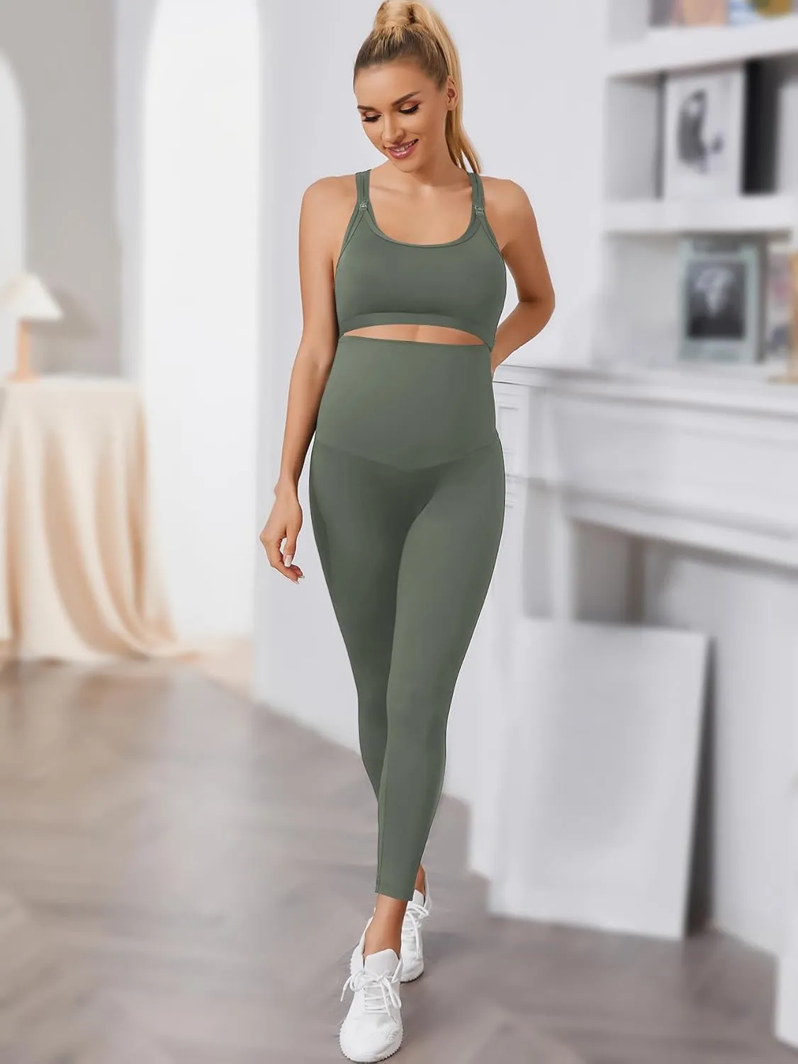 Floerns Women's Maternity 2 Piece Outfit Scoop Neck Crop Tank Top Legging Set