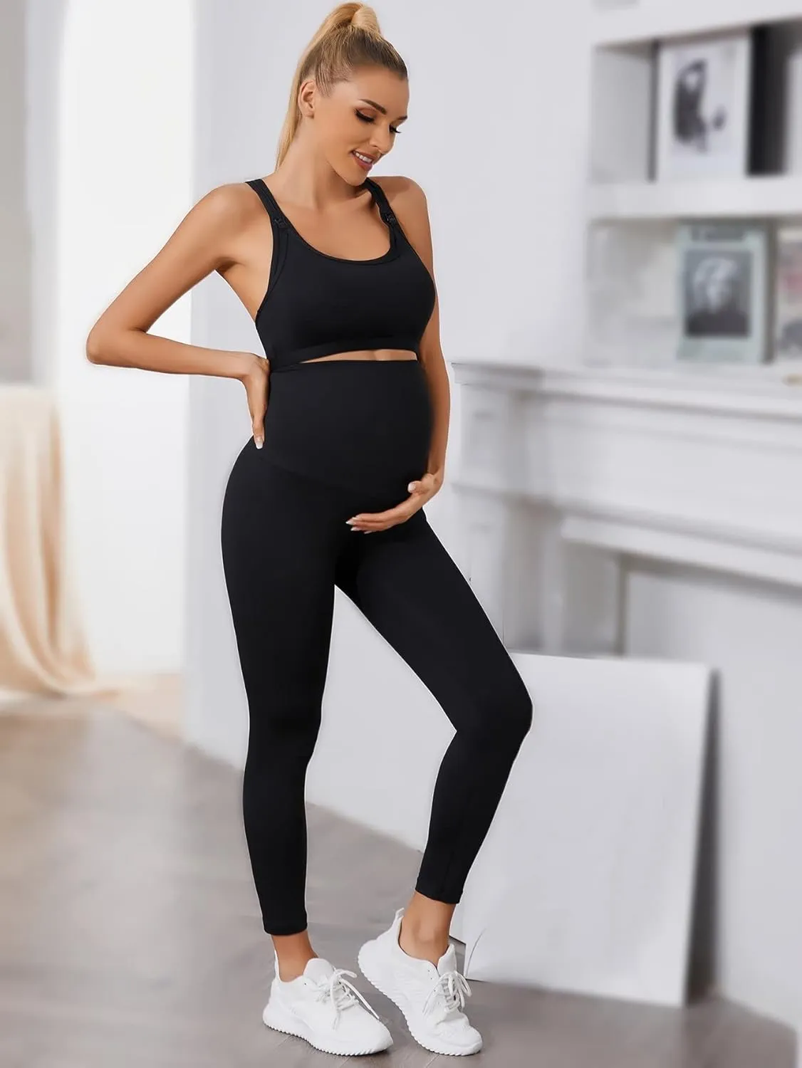 Floerns Women's Maternity 2 Piece Outfit Scoop Neck Crop Tank Top Legging Set
