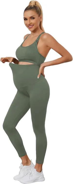 Floerns Women's Maternity 2 Piece Outfit Scoop Neck Crop Tank Top Legging Set