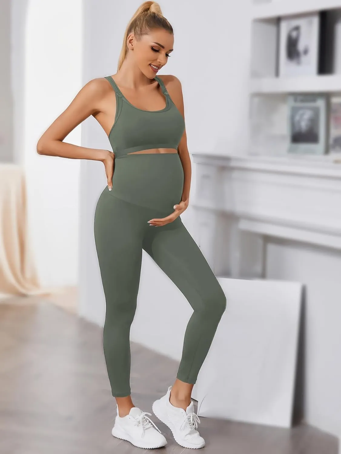 Floerns Women's Maternity 2 Piece Outfit Scoop Neck Crop Tank Top Legging Set