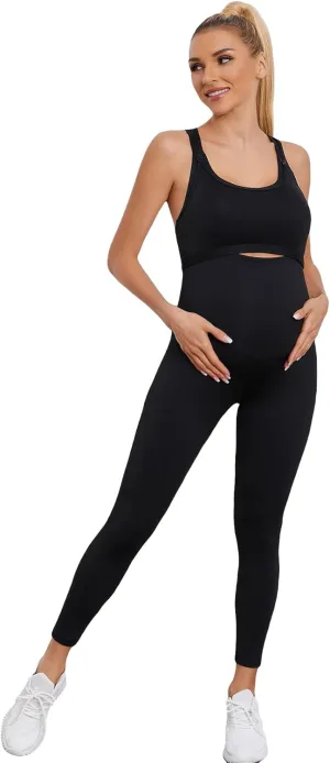 Floerns Women's Maternity 2 Piece Outfit Scoop Neck Crop Tank Top Legging Set