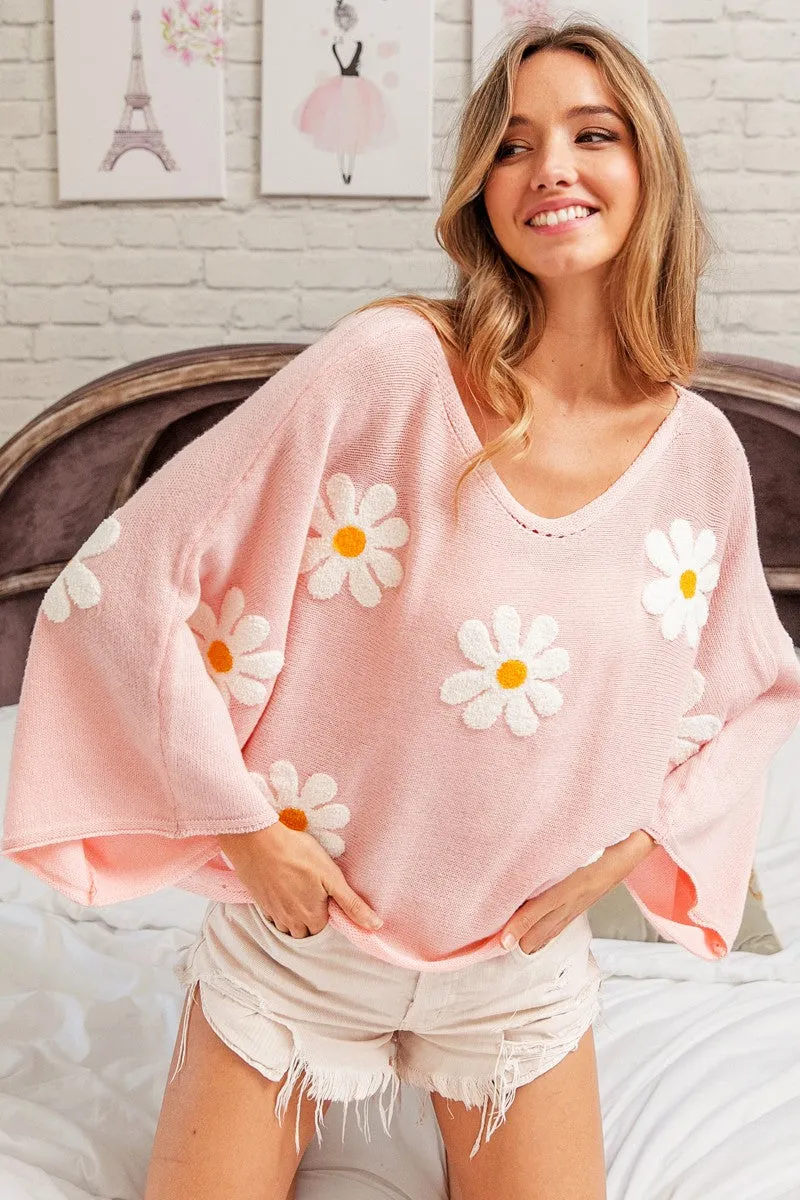 Flower Embroidery Loose Knit Sweater - Final Sale