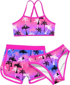 Funnycokid Girls Swimsuit 3 Piece Hawaii Bathing Suit Bikini Set with Shorts Swimwear 7-14 Years