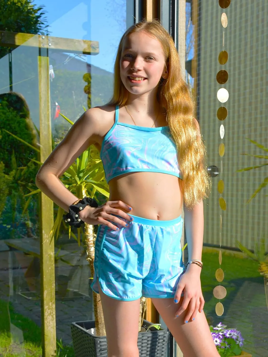 Funnycokid Girls Swimsuit 3 Piece Hawaii Bathing Suit Bikini Set with Shorts Swimwear 7-14 Years