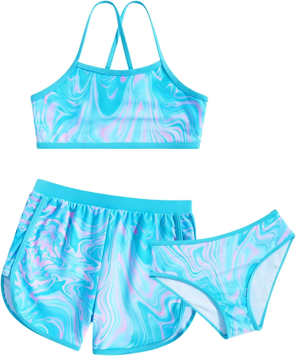 Funnycokid Girls Swimsuit 3 Piece Hawaii Bathing Suit Bikini Set with Shorts Swimwear 7-14 Years