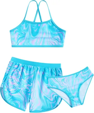 Funnycokid Girls Swimsuit 3 Piece Hawaii Bathing Suit Bikini Set with Shorts Swimwear 7-14 Years