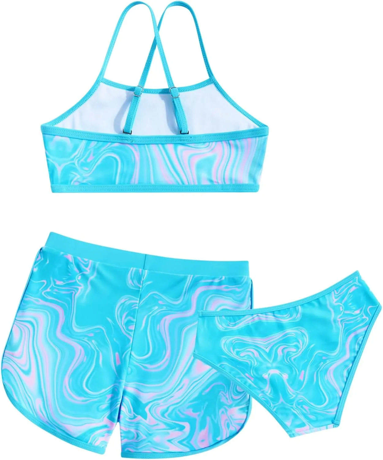 Funnycokid Girls Swimsuit 3 Piece Hawaii Bathing Suit Bikini Set with Shorts Swimwear 7-14 Years