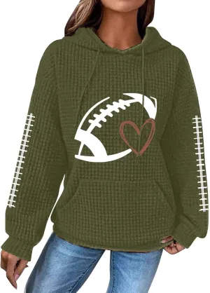 Game Day Football Hoodie For Women Graphic Print Sunday Waffle Knit Sweatshirt Casual Long Sleeve Crewneck Fall Pullover