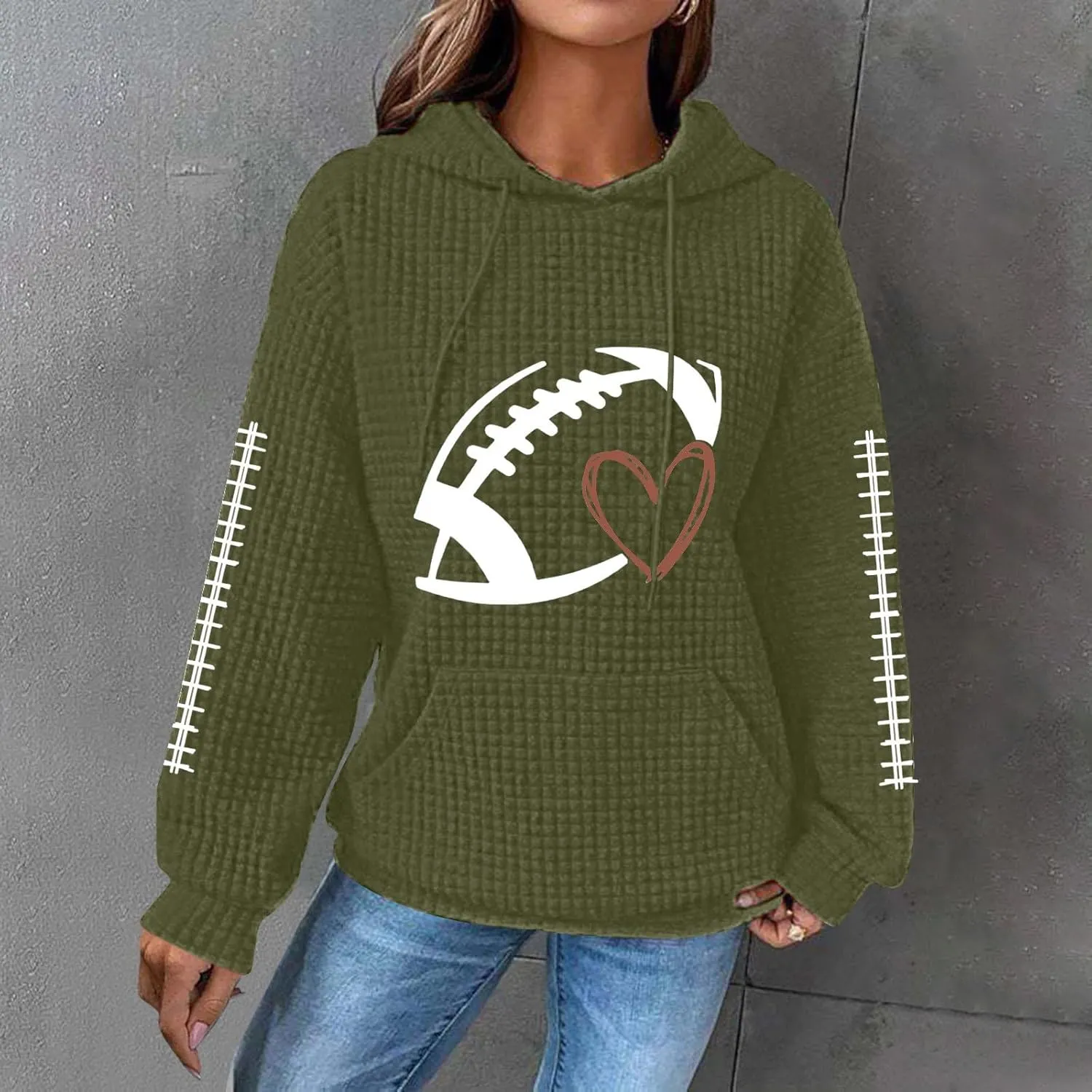 Game Day Football Hoodie For Women Graphic Print Sunday Waffle Knit Sweatshirt Casual Long Sleeve Crewneck Fall Pullover