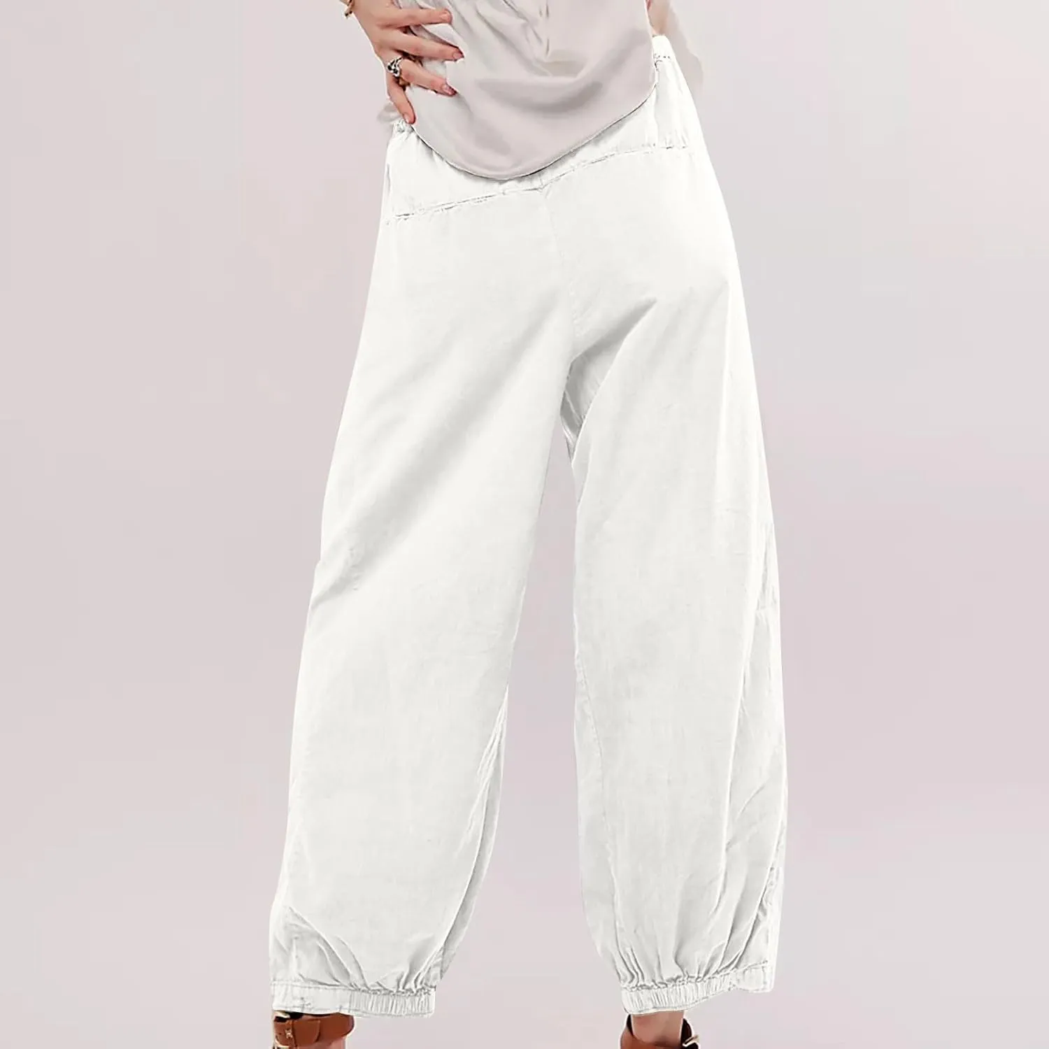 Generic Womens Linen Pants, Comfy Elastic High Waist Palazzo Pants with Pockets, Casual Loose Wide Leg Cotton Trousers