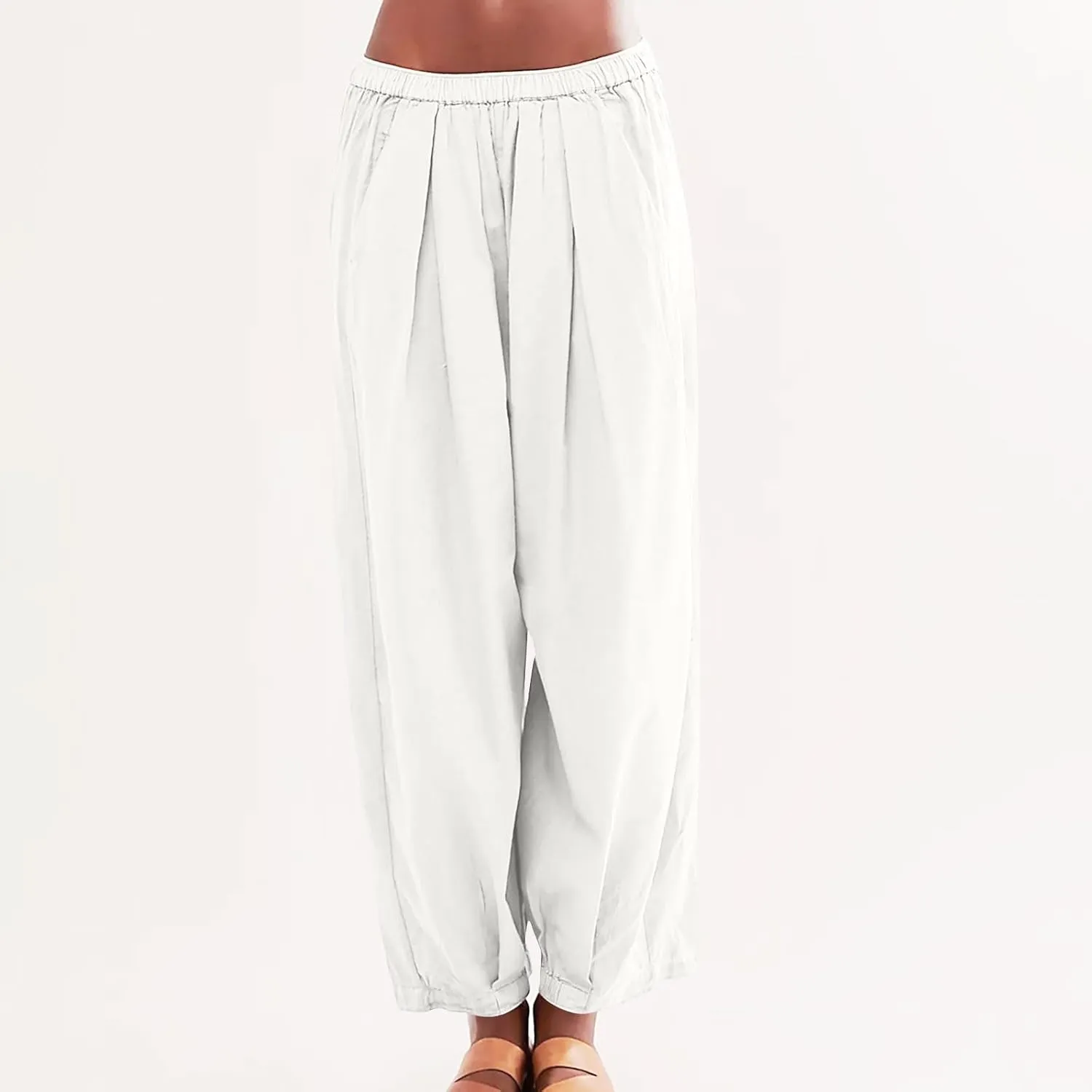 Generic Womens Linen Pants, Comfy Elastic High Waist Palazzo Pants with Pockets, Casual Loose Wide Leg Cotton Trousers