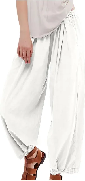 Generic Womens Linen Pants, Comfy Elastic High Waist Palazzo Pants with Pockets, Casual Loose Wide Leg Cotton Trousers