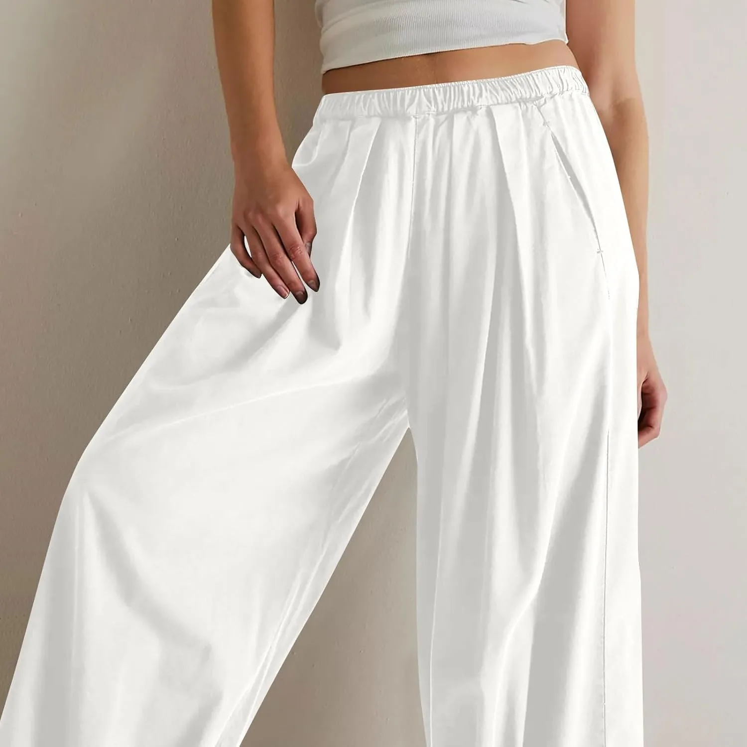 Generic Womens Linen Pants, Comfy Elastic High Waist Palazzo Pants with Pockets, Casual Loose Wide Leg Cotton Trousers