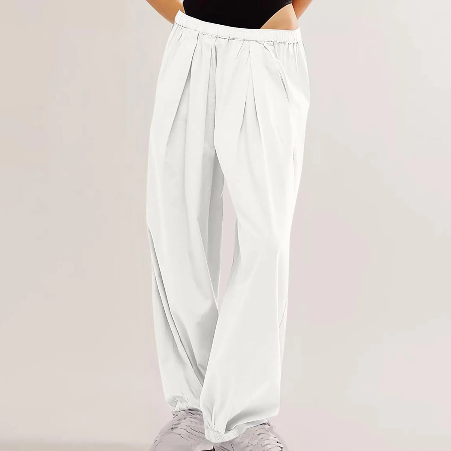 Generic Womens Linen Pants, Comfy Elastic High Waist Palazzo Pants with Pockets, Casual Loose Wide Leg Cotton Trousers