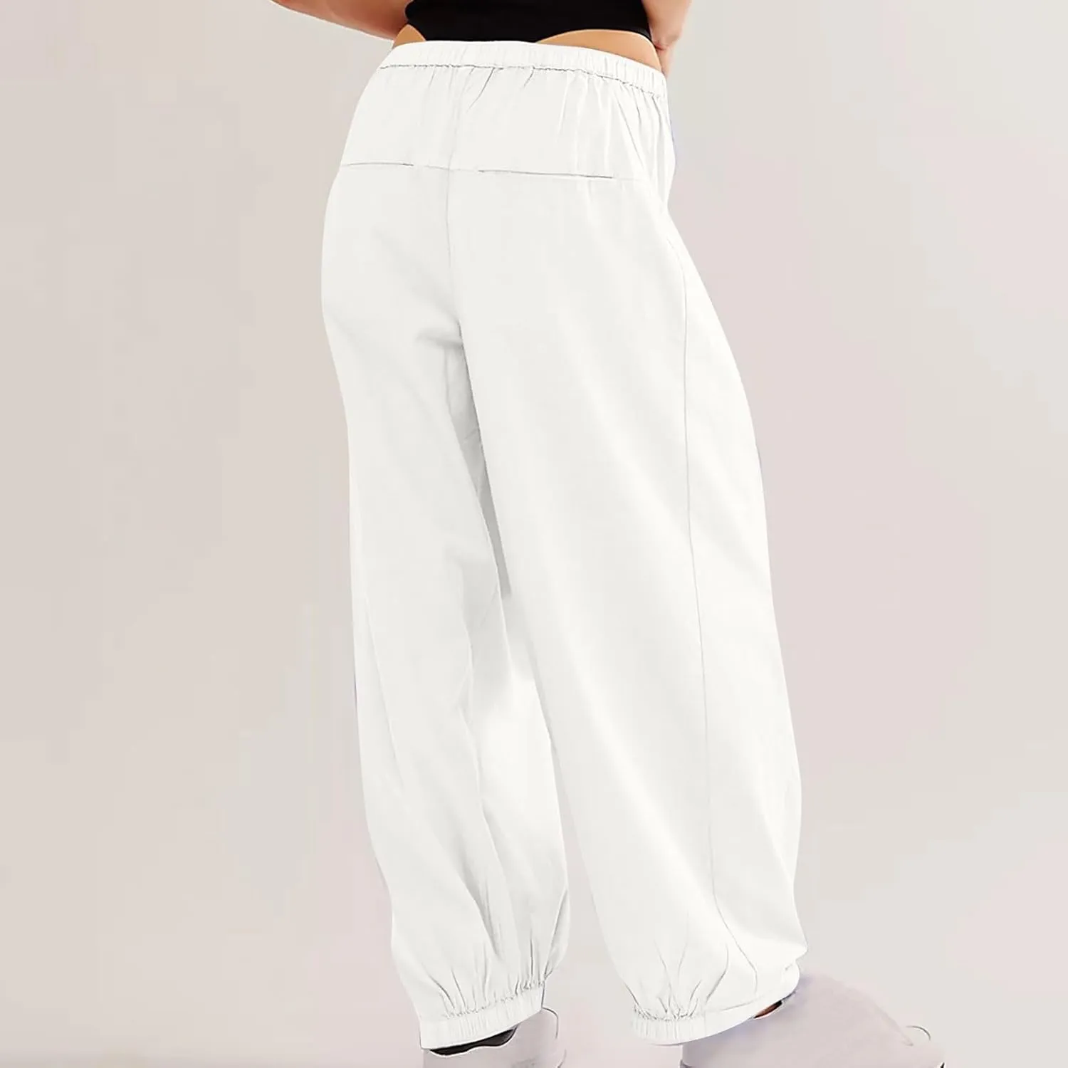Generic Womens Linen Pants, Comfy Elastic High Waist Palazzo Pants with Pockets, Casual Loose Wide Leg Cotton Trousers