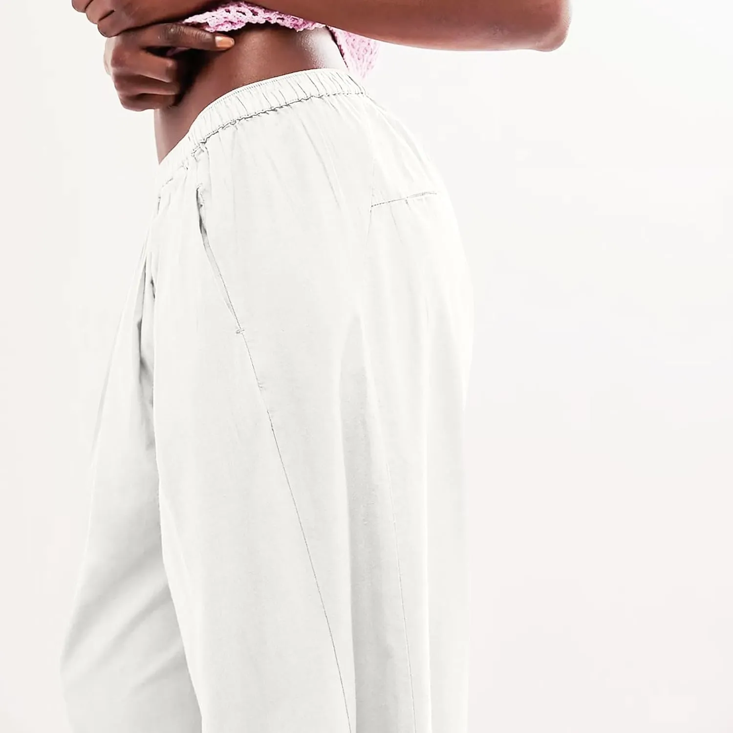 Generic Womens Linen Pants, Comfy Elastic High Waist Palazzo Pants with Pockets, Casual Loose Wide Leg Cotton Trousers