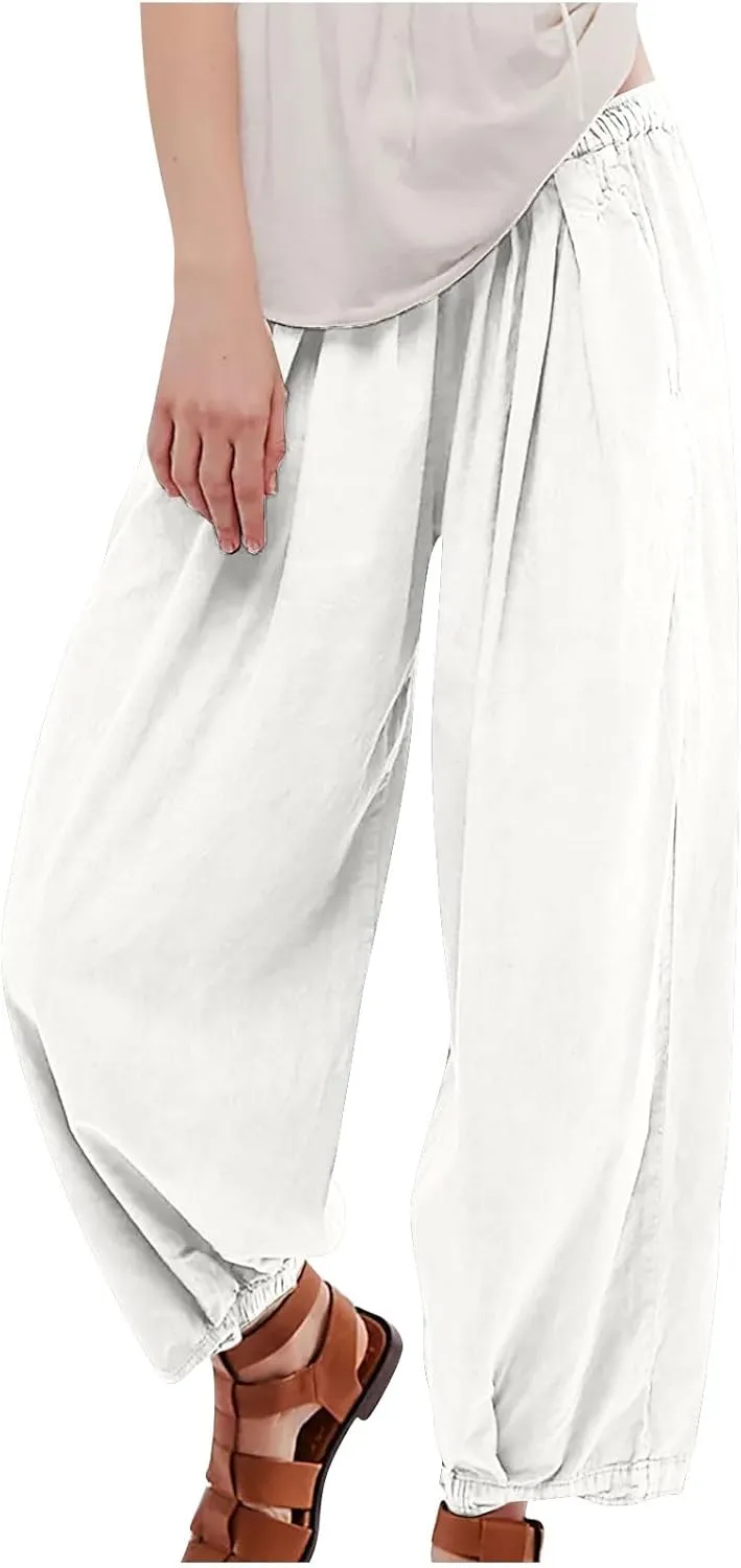 Generic Womens Linen Pants, Comfy Elastic High Waist Palazzo Pants with Pockets, Casual Loose Wide Leg Cotton Trousers