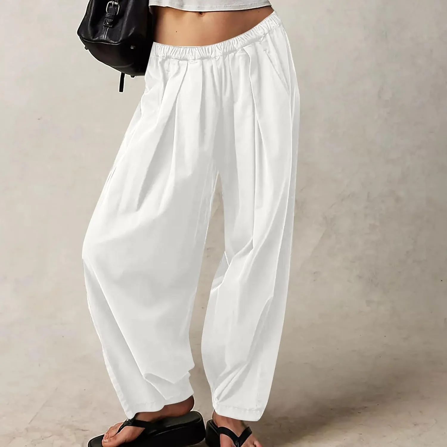 Generic Womens Linen Pants, Comfy Elastic High Waist Palazzo Pants with Pockets, Casual Loose Wide Leg Cotton Trousers