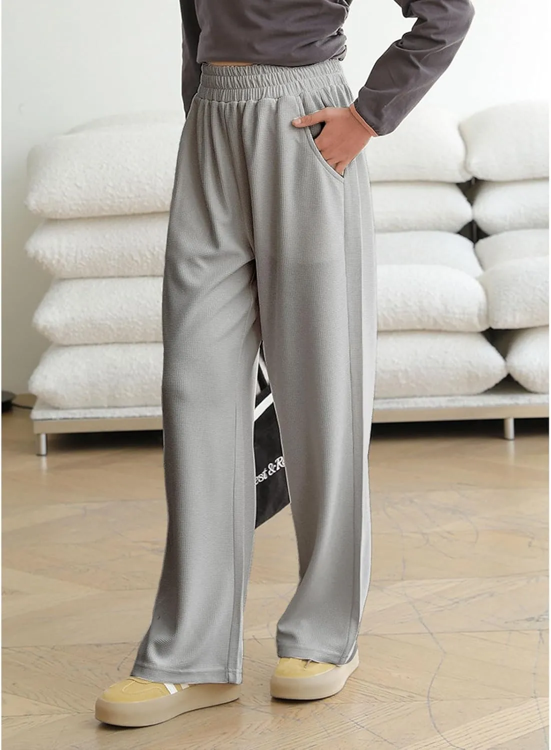 Girl's Wide Leg Sweatpants Baggy Straight Loose Sweat Pants High Waist Causal Kids Athletic Pants with Pockets 6-14Y