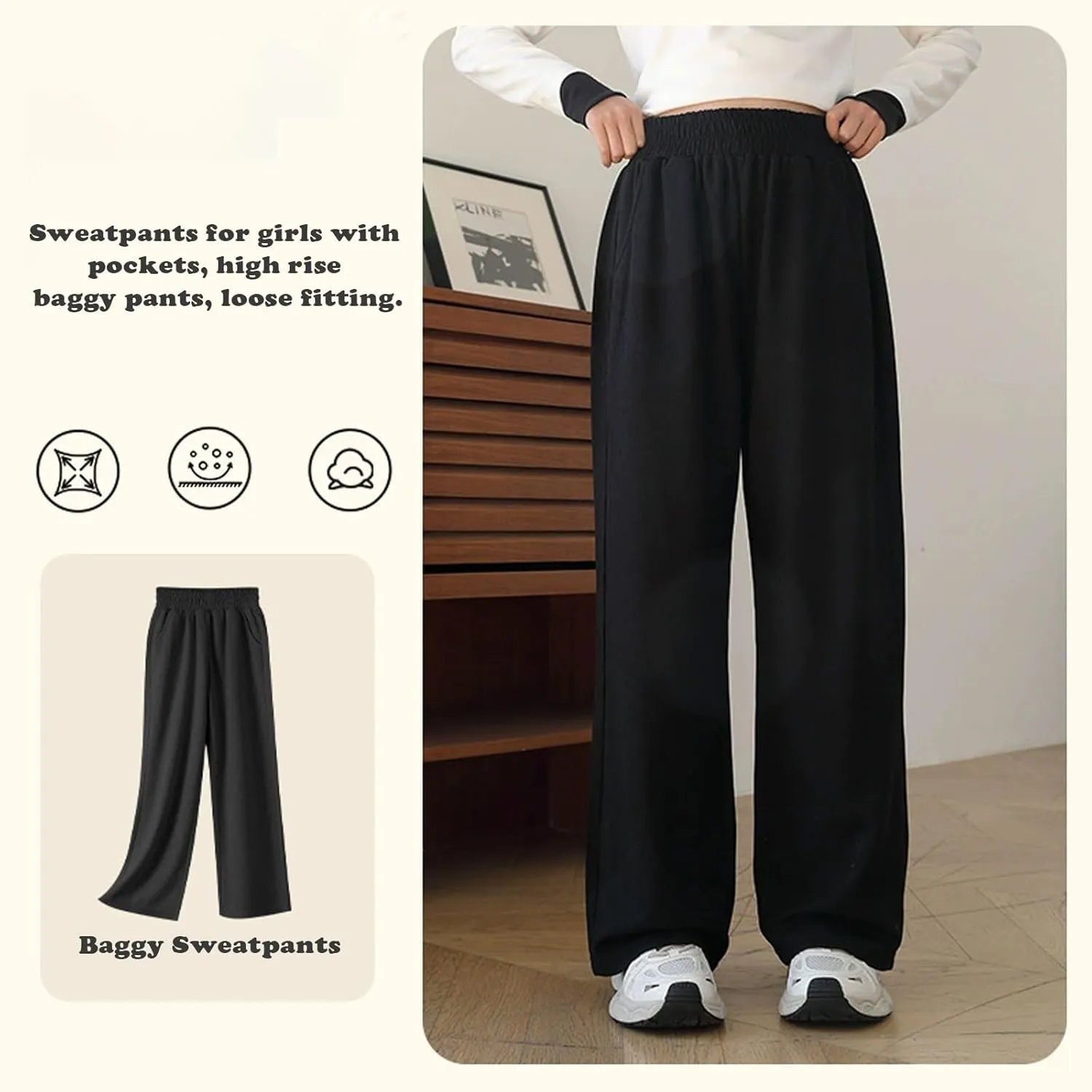 Girl's Wide Leg Sweatpants Baggy Straight Loose Sweat Pants High Waist Causal Kids Athletic Pants with Pockets 6-14Y