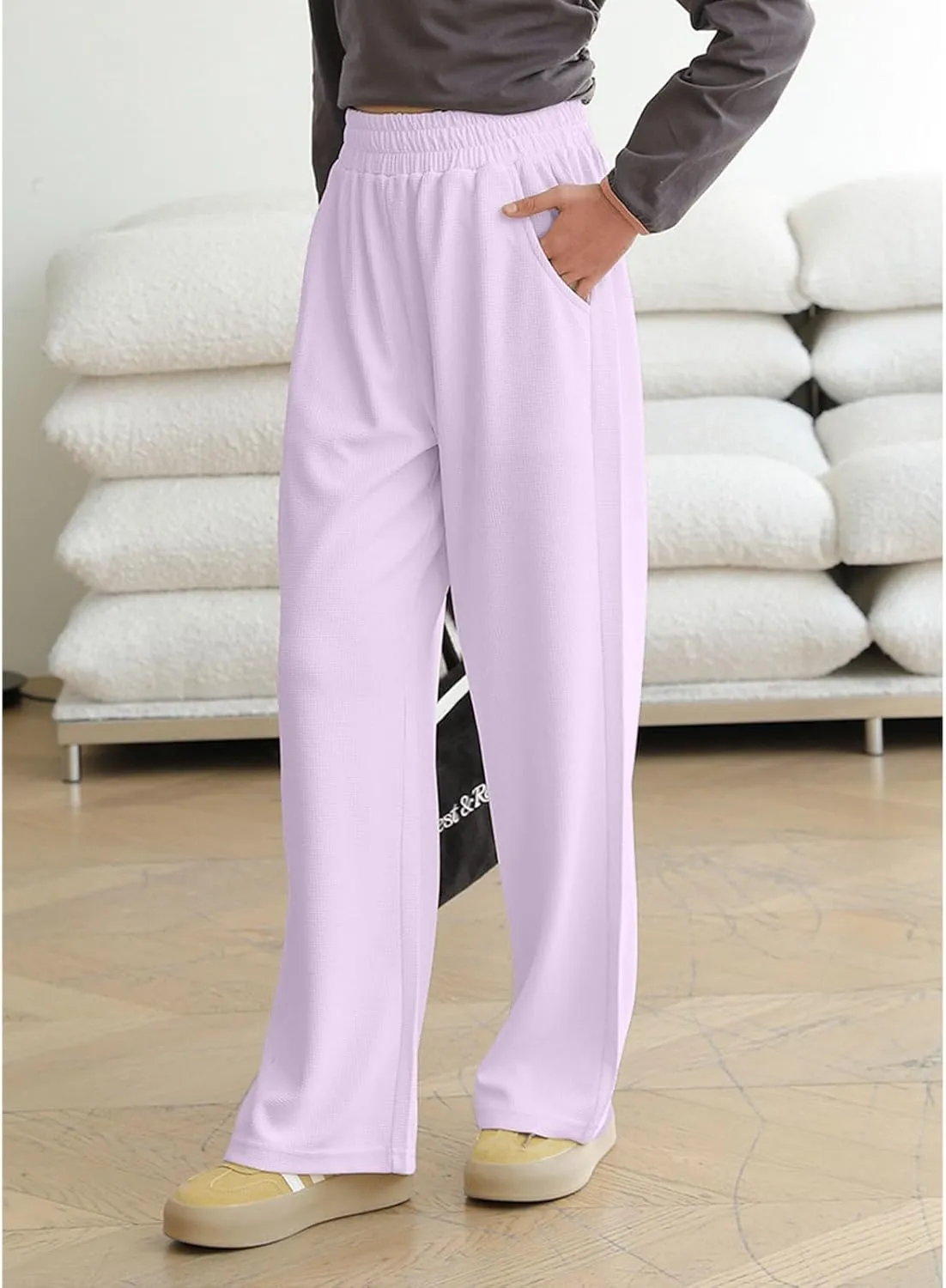 Girl's Wide Leg Sweatpants Baggy Straight Loose Sweat Pants High Waist Causal Kids Athletic Pants with Pockets 6-14Y
