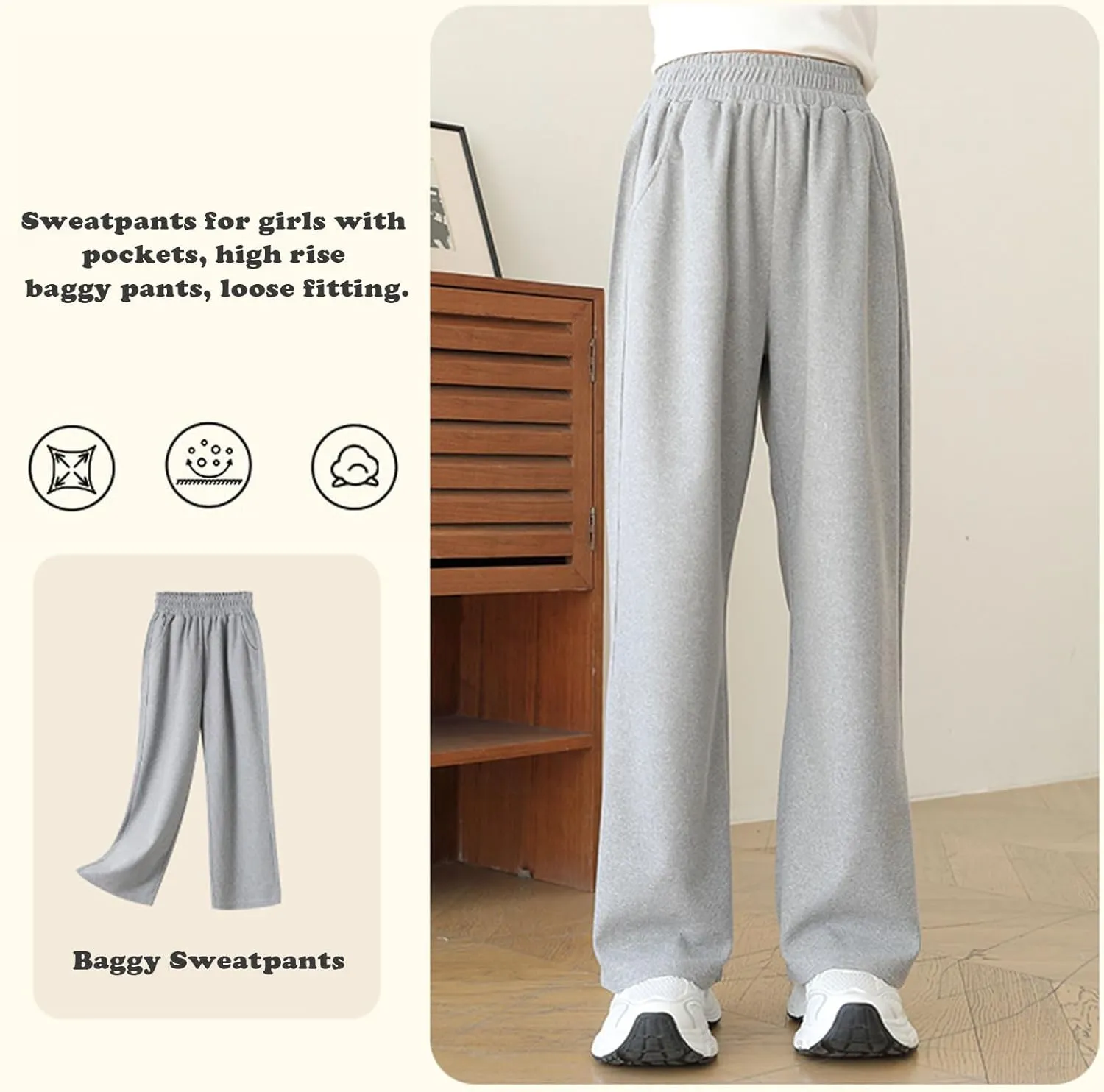 Girl's Wide Leg Sweatpants Baggy Straight Loose Sweat Pants High Waist Causal Kids Athletic Pants with Pockets 6-14Y