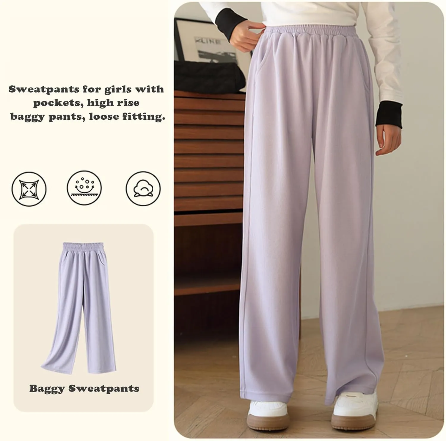 Girl's Wide Leg Sweatpants Baggy Straight Loose Sweat Pants High Waist Causal Kids Athletic Pants with Pockets 6-14Y