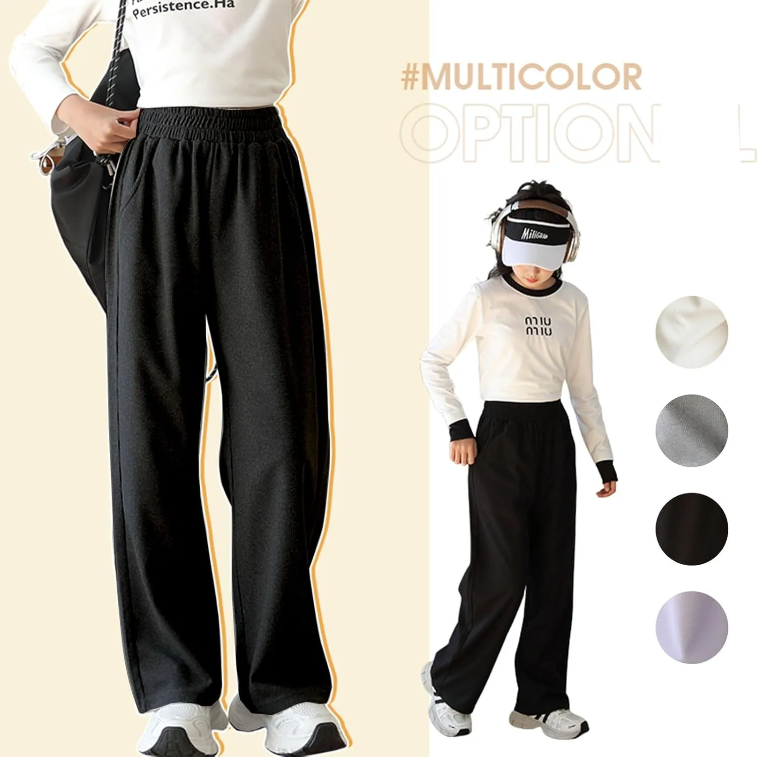 Girl's Wide Leg Sweatpants Baggy Straight Loose Sweat Pants High Waist Causal Kids Athletic Pants with Pockets 6-14Y