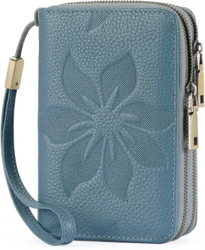 GOIACII Women's Wallet Double Zip Around Credit Card Holder Ladies Wallet Rfid Blocking Wristlet Purse Medium Size Leather Blue