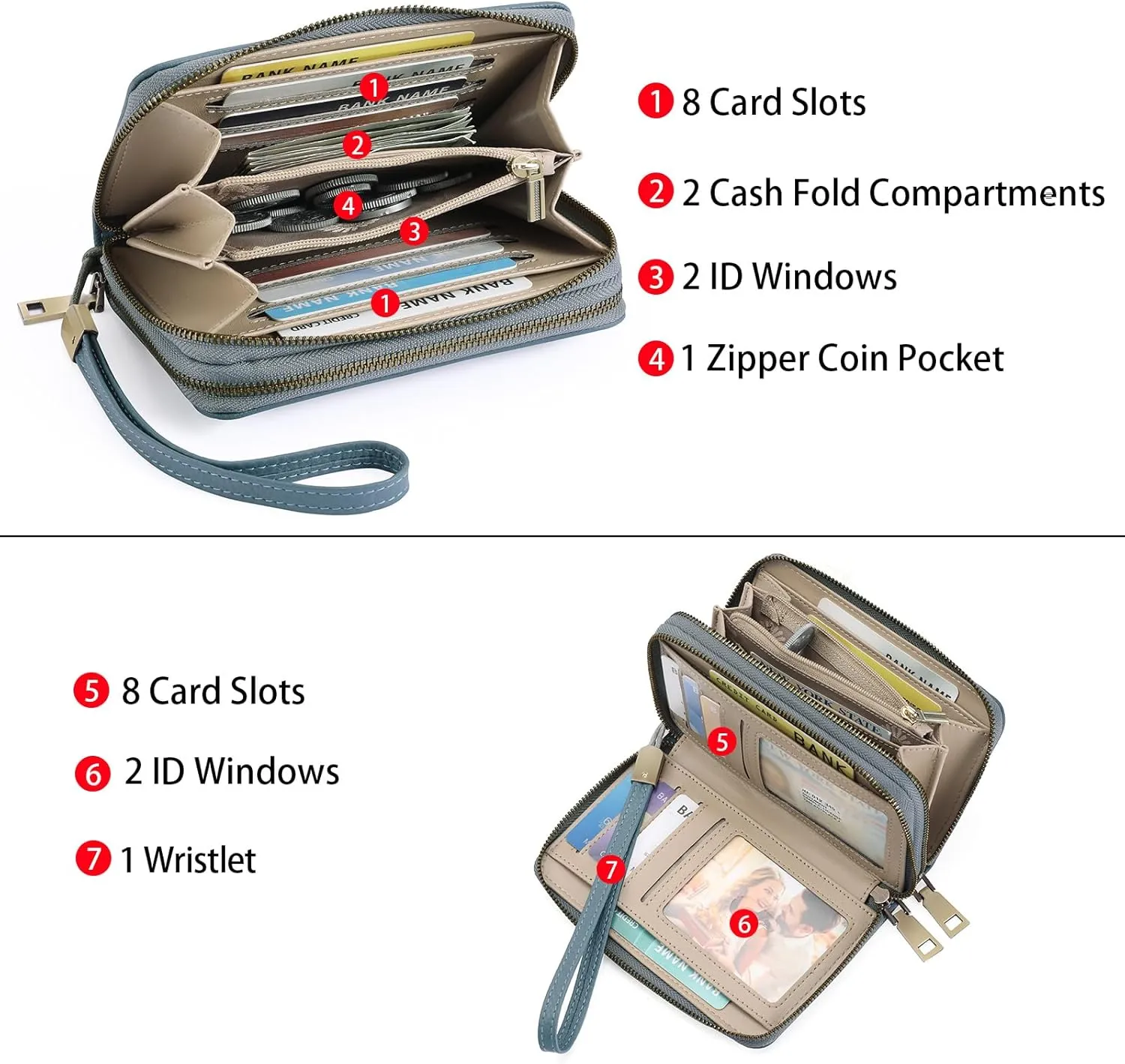 GOIACII Women's Wallet Double Zip Around Credit Card Holder Ladies Wallet Rfid Blocking Wristlet Purse Medium Size Leather Blue