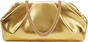 Gold Clutch Purses for Women,Pleated Evening Purses Detachable Metal Chain Crossbody Shoulder Bag Solid Color Clutch