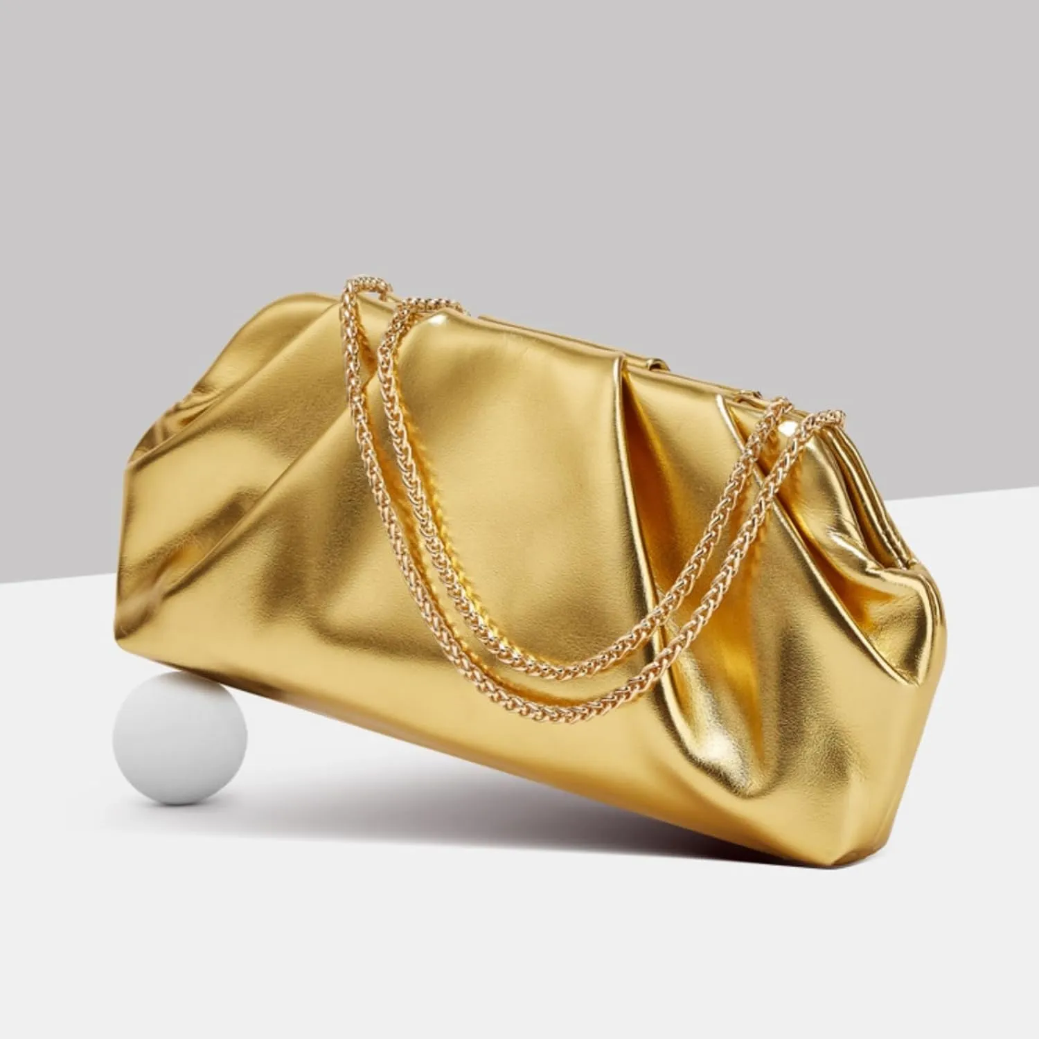 Gold Clutch Purses for Women,Pleated Evening Purses Detachable Metal Chain Crossbody Shoulder Bag Solid Color Clutch
