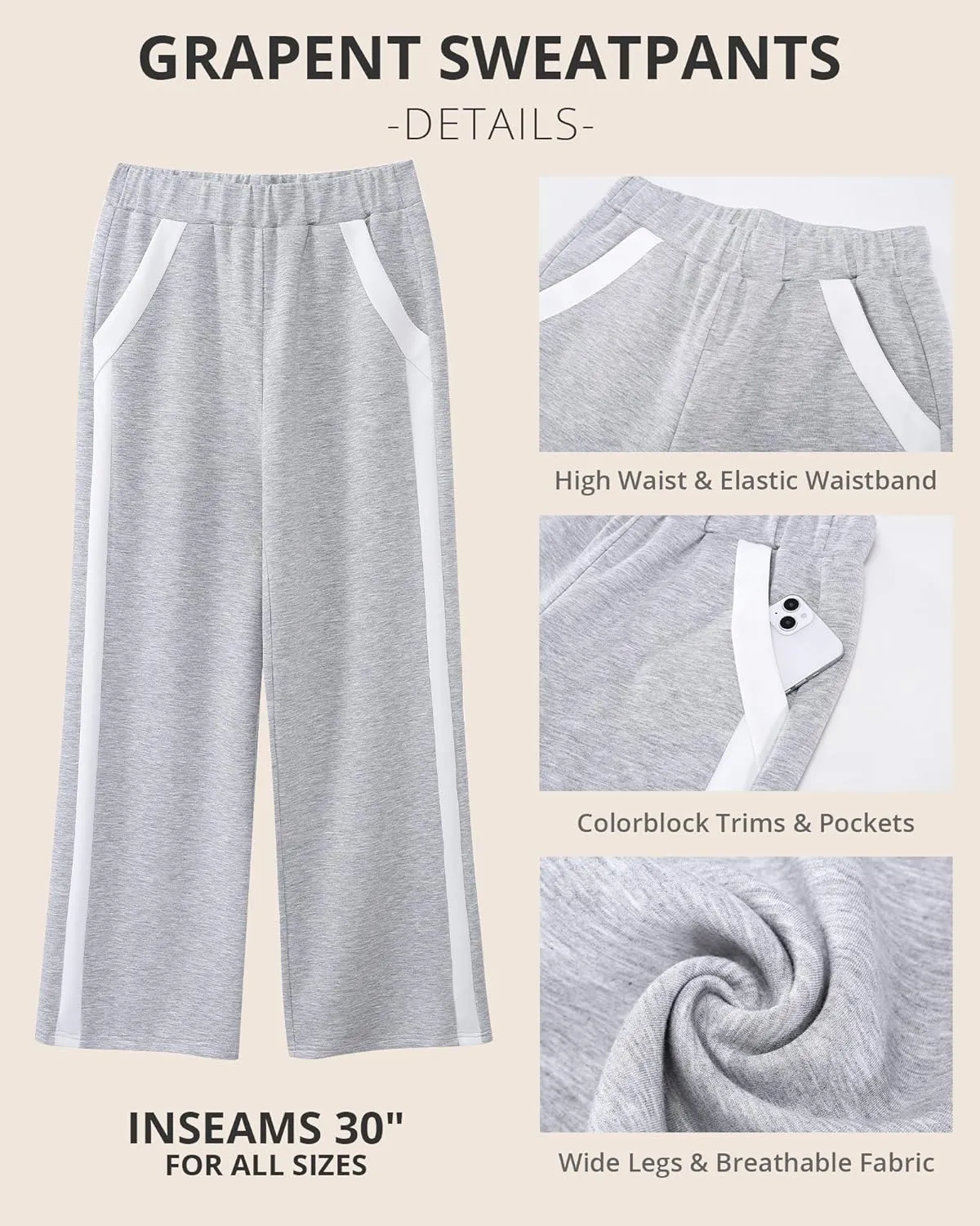 GRAPENT Wide Leg Sweatpants Women Baggy High Waisted Pull On Athleisure Loose Lounge Color Block Sweat Pants with Pocket