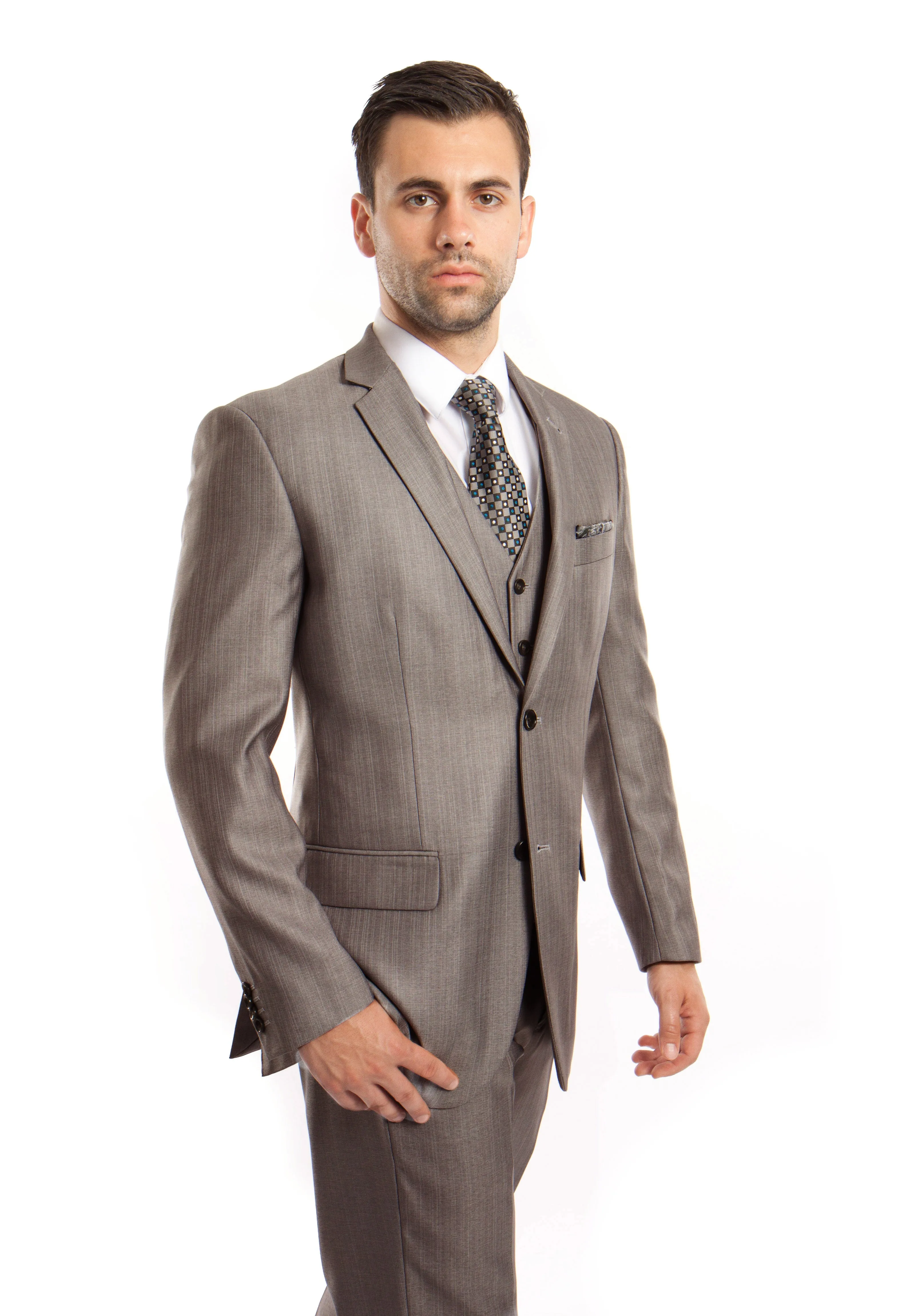 Gray Solid Shiny Sharkskin 3-PC Regular Modern Fit Suits