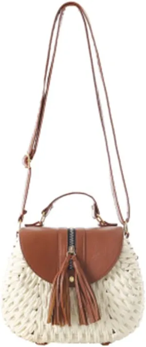 Handwoven Round Rattan Bag Beach Style Woven Shoulder Bag with Leather Strap