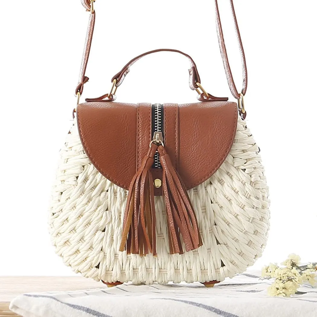Handwoven Round Rattan Bag Beach Style Woven Shoulder Bag with Leather Strap