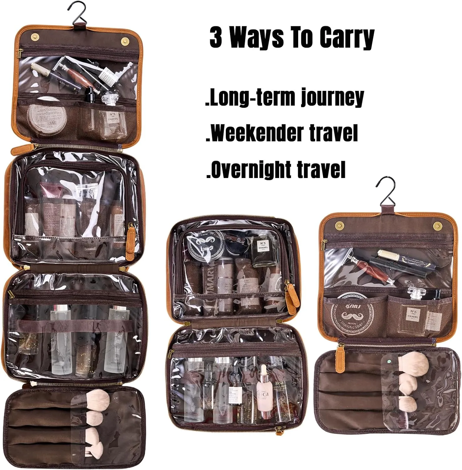 Hanging Toiletry Bag for Men Women,Customized Full Grain Genuine Leather Toiletry Bag for Travel,Makeup Cosmetic Case,Shaving Kit Bag,Hygiene Dopp Kit Brown