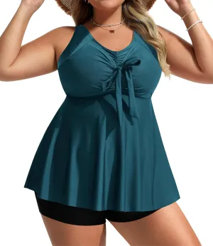 Hanna Nikole Womens Plus Size Tankini Swimsuit V Neck Tie Wrap Flowy Swim Tops with Boy Shorts Bathing Suit