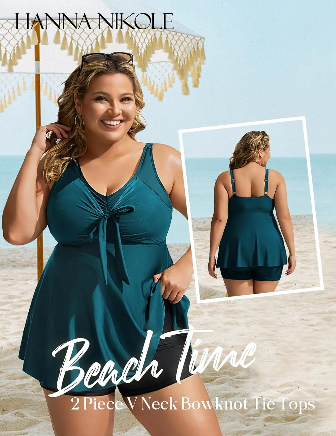 Hanna Nikole Womens Plus Size Tankini Swimsuit V Neck Tie Wrap Flowy Swim Tops with Boy Shorts Bathing Suit