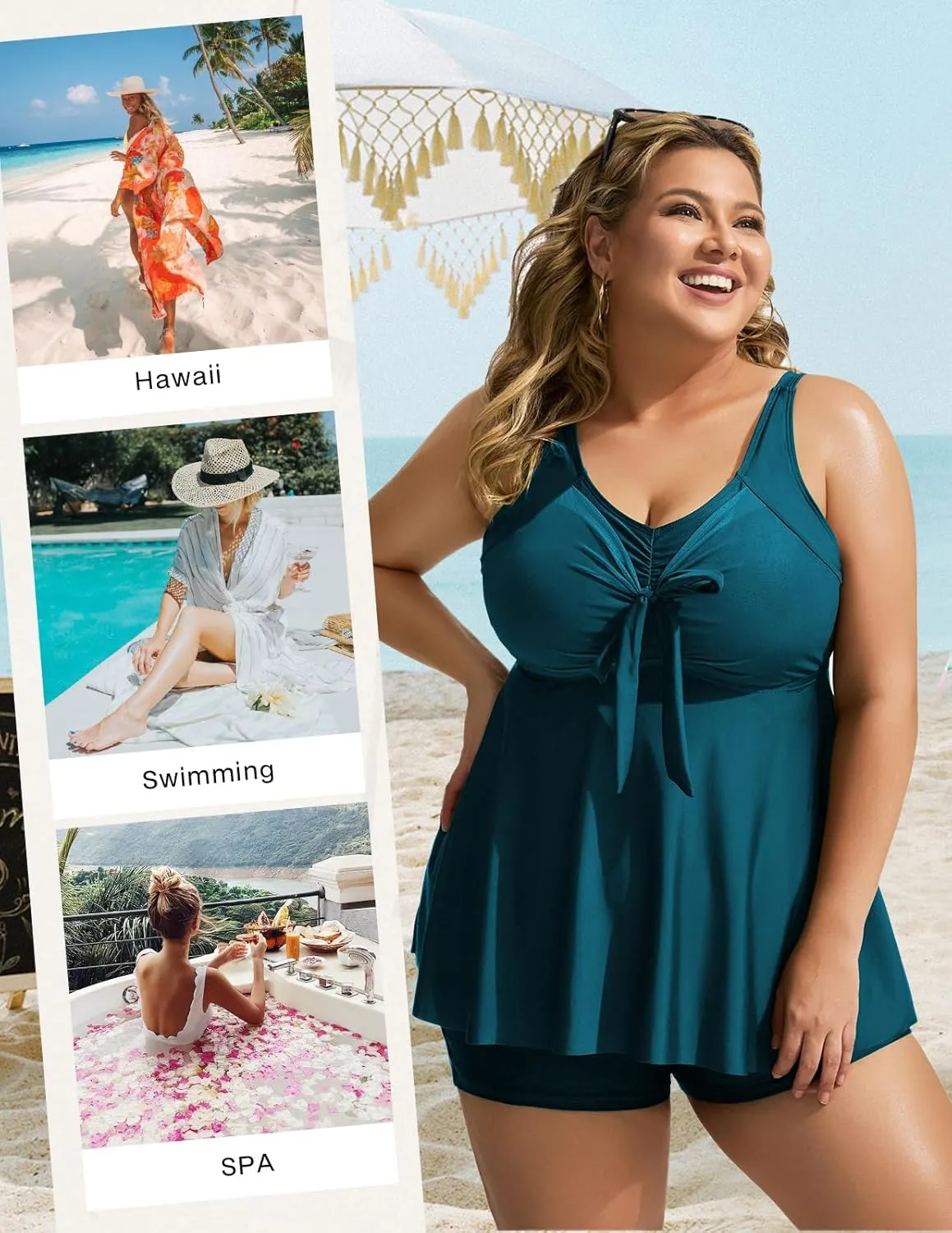 Hanna Nikole Womens Plus Size Tankini Swimsuit V Neck Tie Wrap Flowy Swim Tops with Boy Shorts Bathing Suit