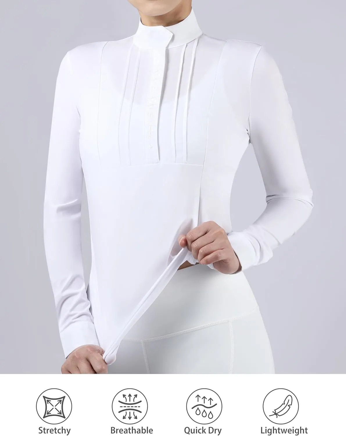 Harrison Howard Equestrian Pleated Bib Show Shirt Rider Top Horse Riding Long Sleeve with Embroidery