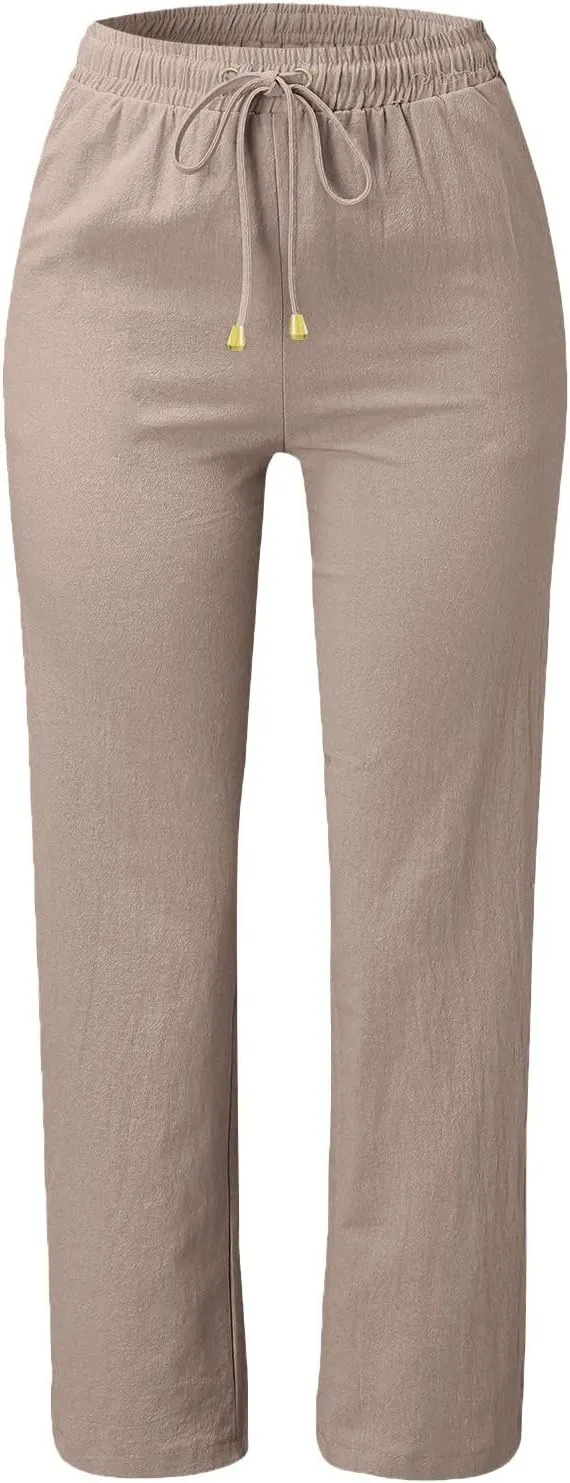 High Waisted Pants For Women Comfy Solid Color Cotton Linen Trousers Straight Leg Lounge Summer Boho Casual Pants