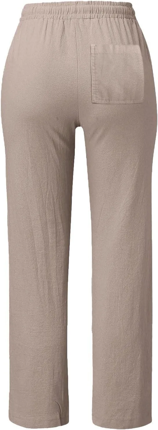 High Waisted Pants For Women Comfy Solid Color Cotton Linen Trousers Straight Leg Lounge Summer Boho Casual Pants