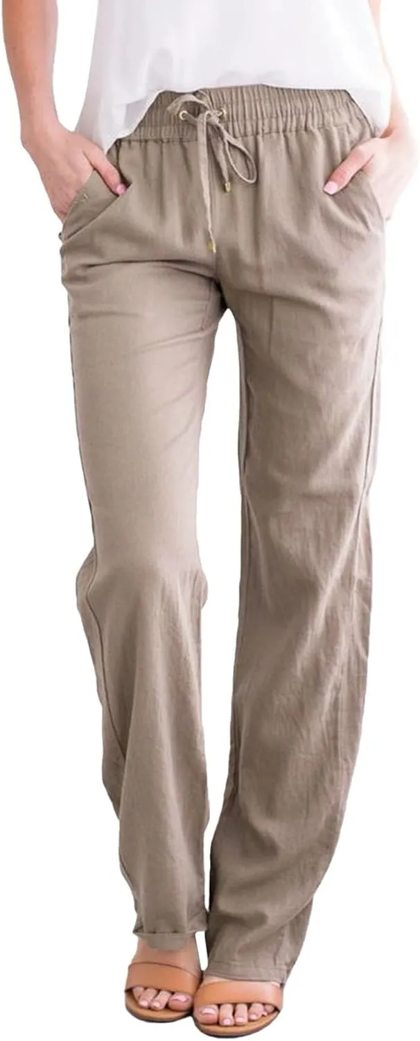 High Waisted Pants For Women Comfy Solid Color Cotton Linen Trousers Straight Leg Lounge Summer Boho Casual Pants