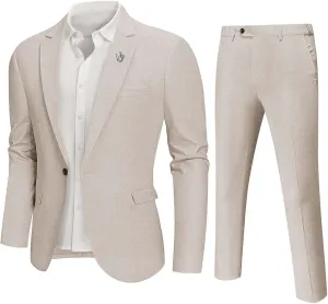 Hihawk Men 2 Piece Regular Fit Linen Suit, Casual Blazer Pants Set, Lightweight Jacket Trouser for Wedding Prom