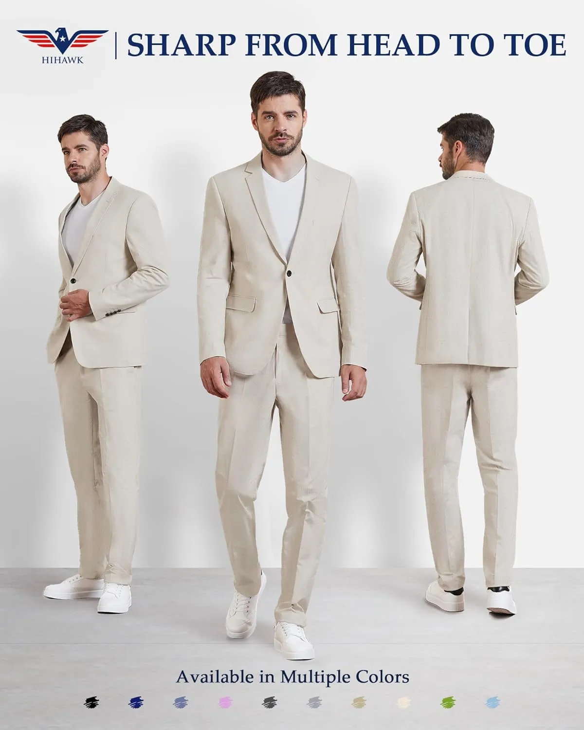 Hihawk Men 2 Piece Regular Fit Linen Suit, Casual Blazer Pants Set, Lightweight Jacket Trouser for Wedding Prom