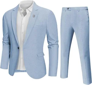 Hihawk Men 2 Piece Regular Fit Linen Suit, Casual Blazer Pants Set, Lightweight Jacket Trouser for Wedding Prom