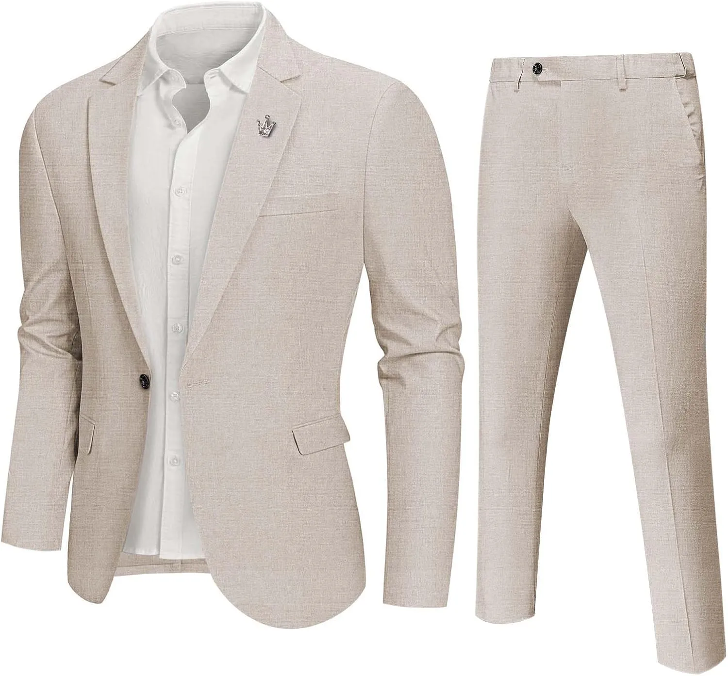 Hihawk Men 2 Piece Regular Fit Linen Suit, Casual Blazer Pants Set, Lightweight Jacket Trouser for Wedding Prom