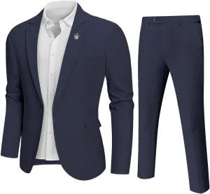 Hihawk Men 2 Piece Regular Fit Linen Suit, Casual Blazer Pants Set, Lightweight Jacket Trouser for Wedding Prom